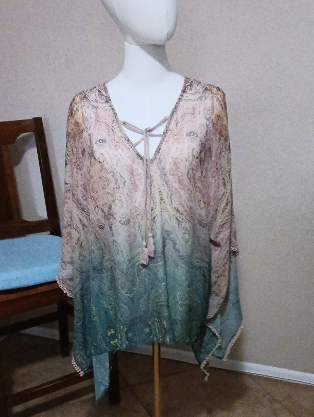 Democracy- Blush to Teal Paisley Tie-Front Poncho Tunic